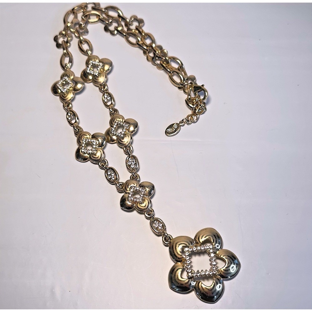 Chunky Gold Tone Necklace Heavy Weight Statement 18" & 3" Y Drop Rhinestones